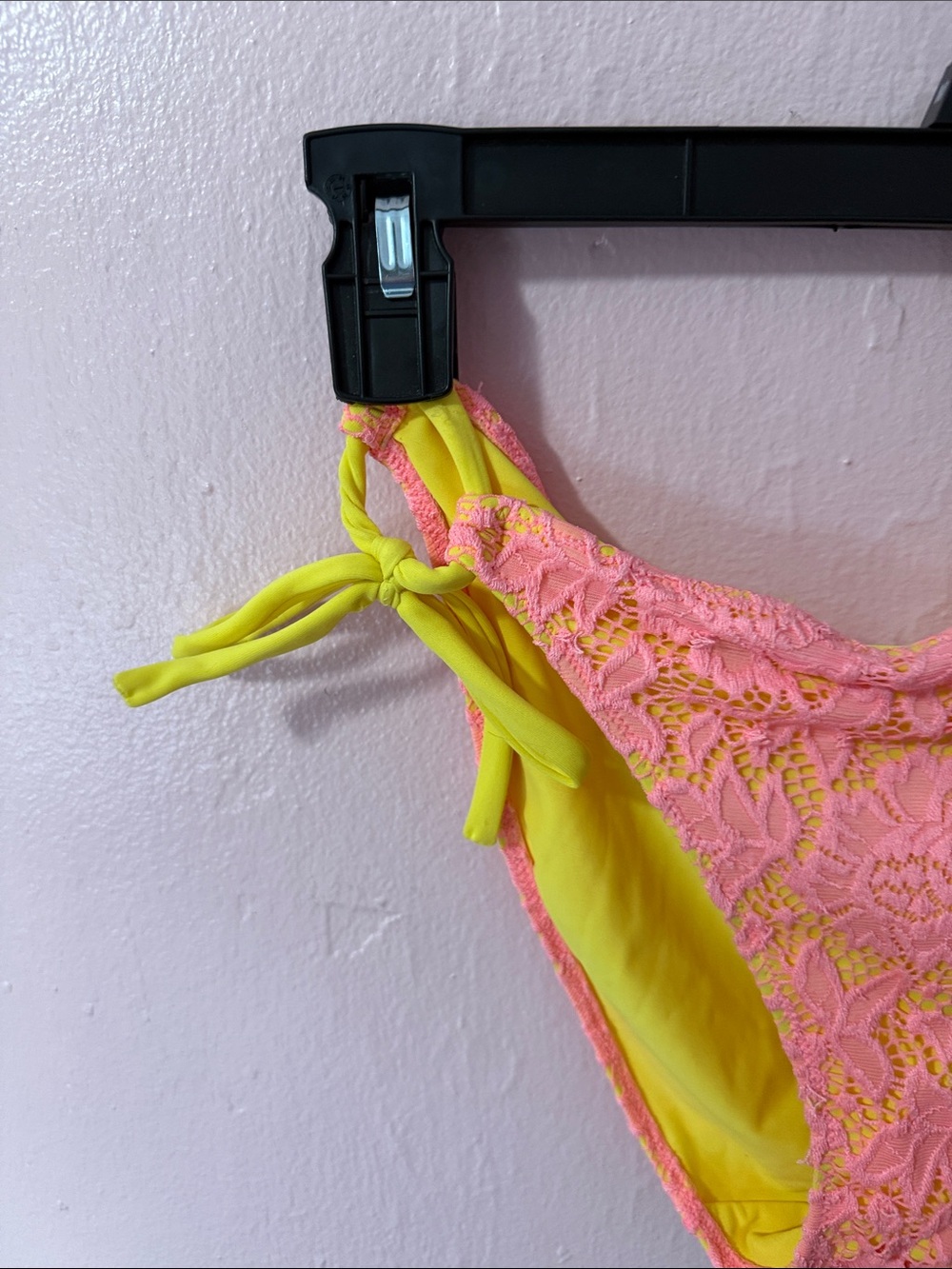 Y2K Victoria's Secret Neon Pink Lace & Bright Yellow Tie-Side Bikini Bottoms - Picture 2 of 6